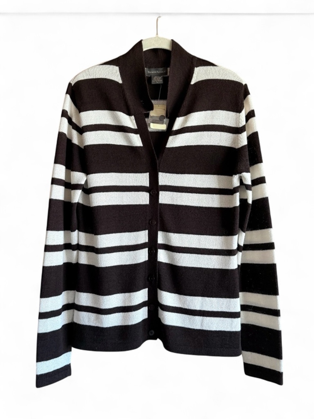 Banana Republic Cardigan Brown White Stripe Button Front Stretch Women L NWT